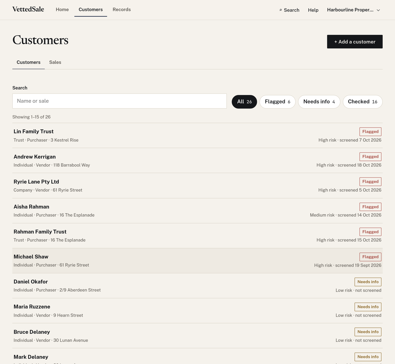 The Customers list: seven example customers, each with a status of Checked, Needs info or Flagged, their risk rating and the date they were last screened.