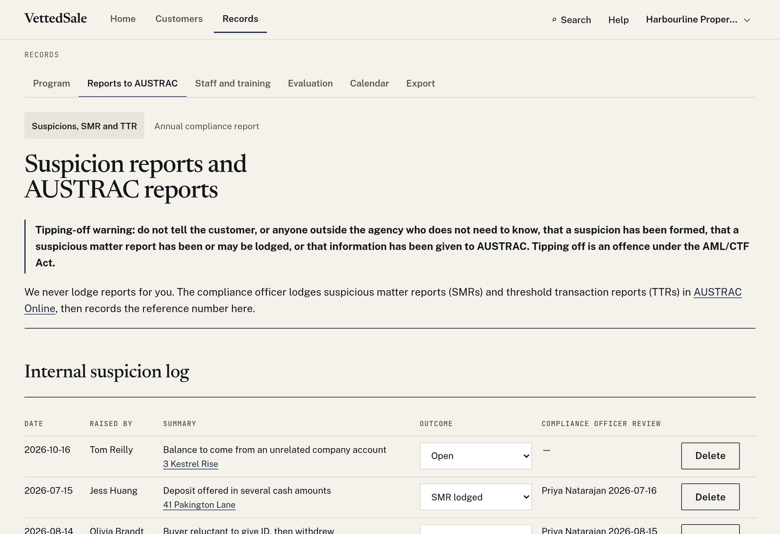 The Records area on the Reports to AUSTRAC tab: a tipping-off warning and the internal suspicion log with outcomes and compliance officer review.